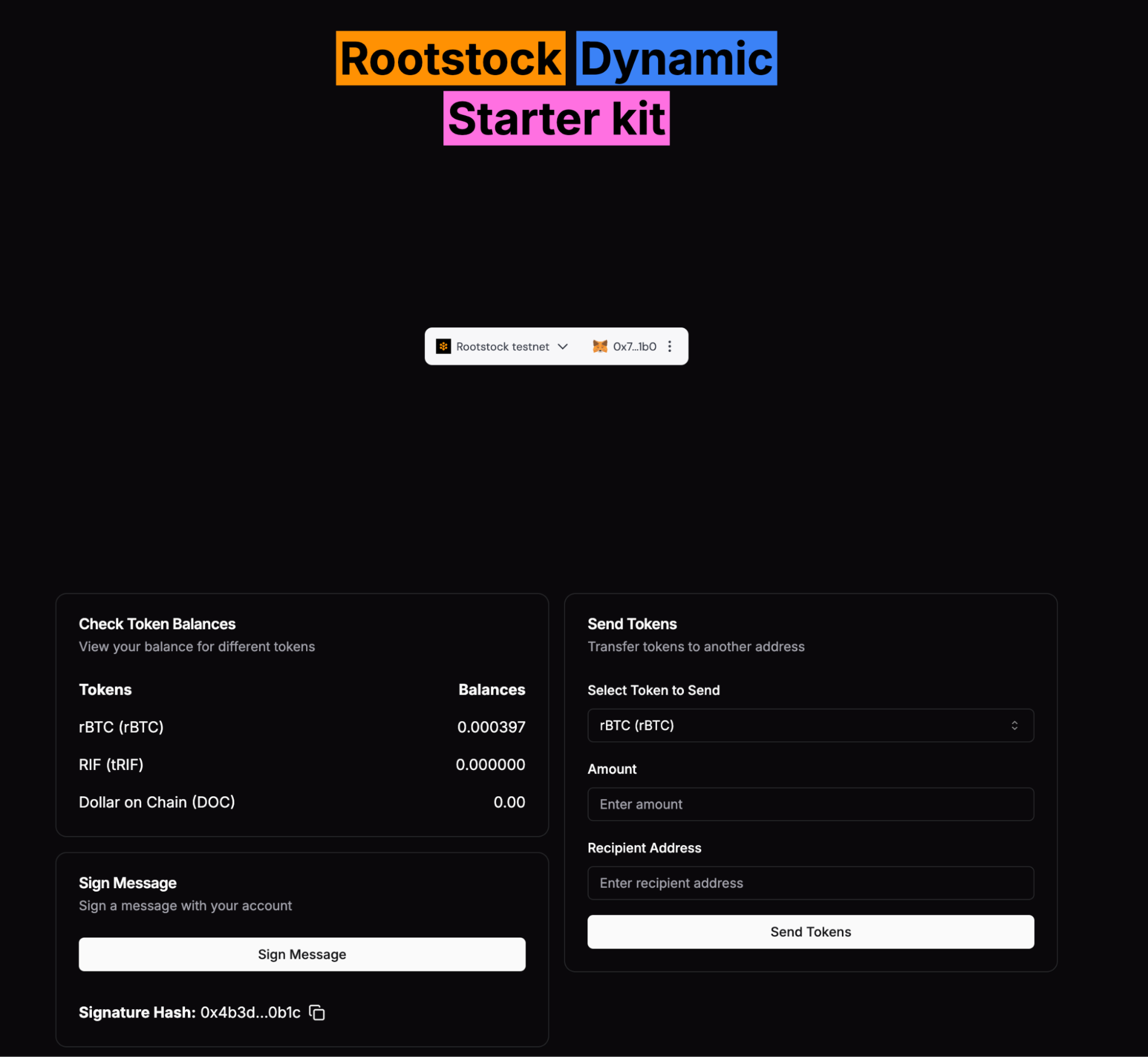 The homepage of the Rootstock Dynamic Starterkit